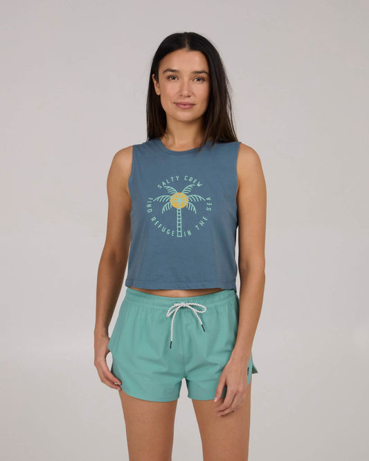Salty crew TANK STANDARD Queen Palm Cropped Tank - Fin Blue in Fin Blue