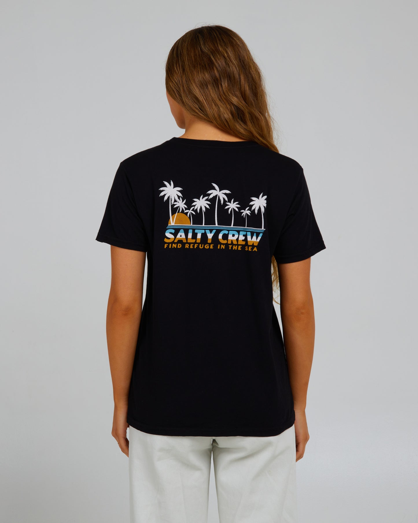 front view of Boardwalk Black Boyfriend Tee