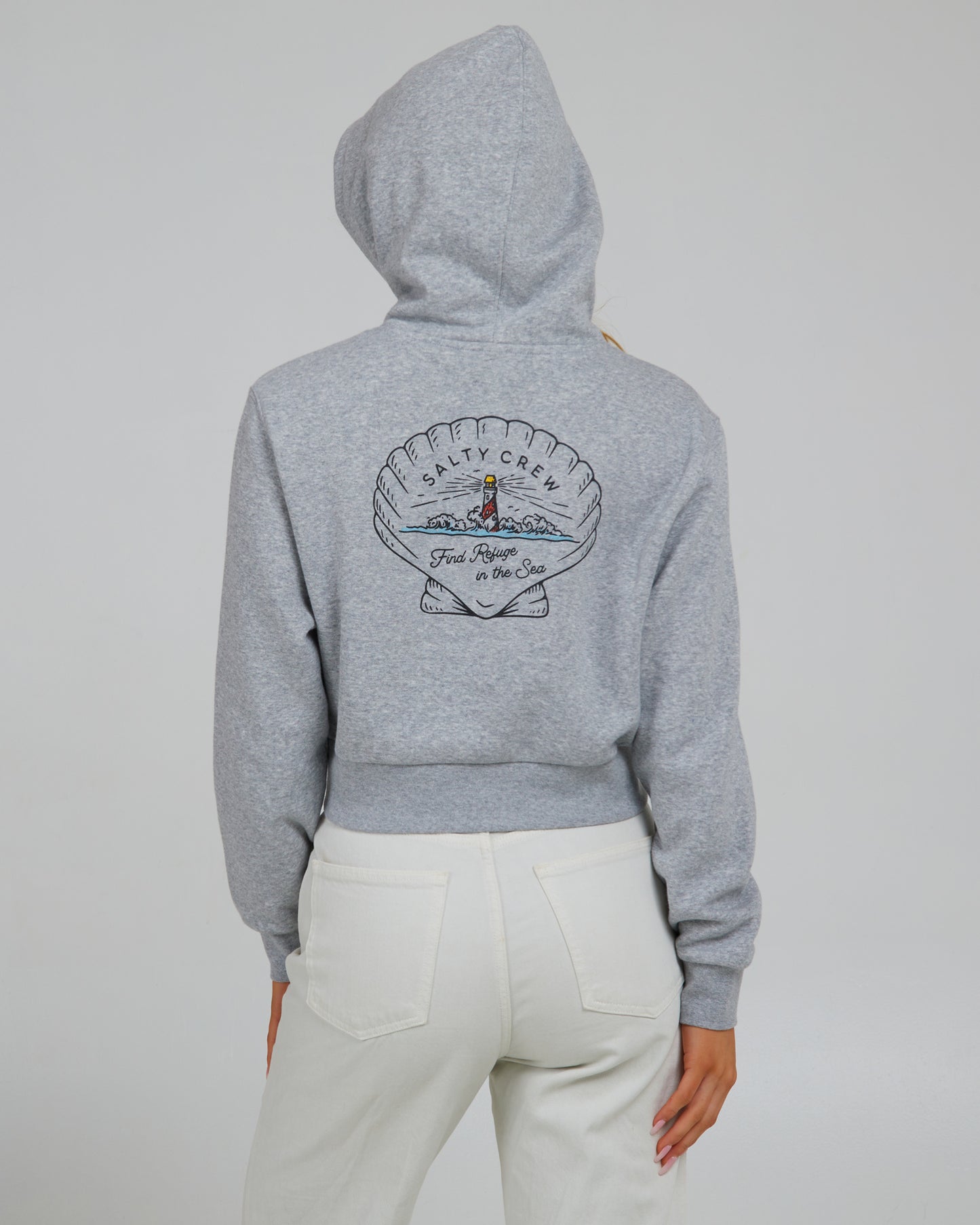 back view of Scallop Heather Crop Hoody