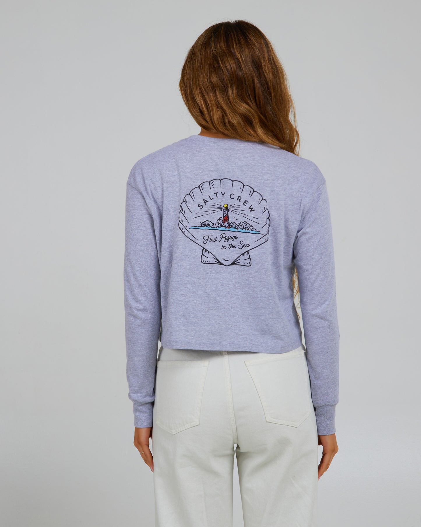 Rückenansicht von Scallop Athletic Heather  L/S Crop