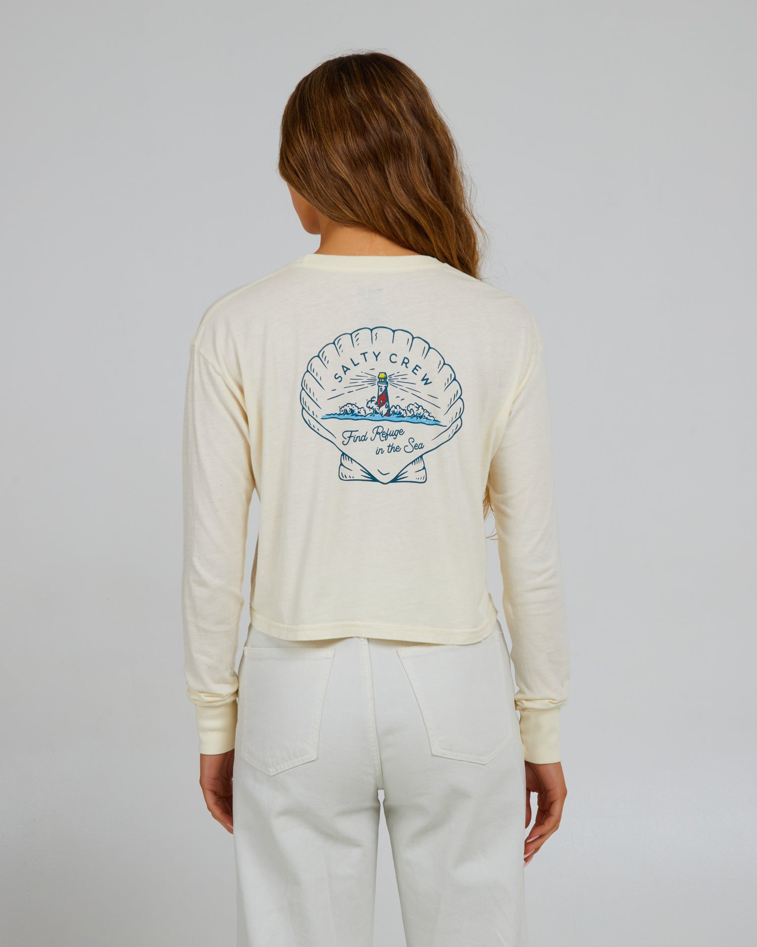 back view of Scallop Off White L/S Crop