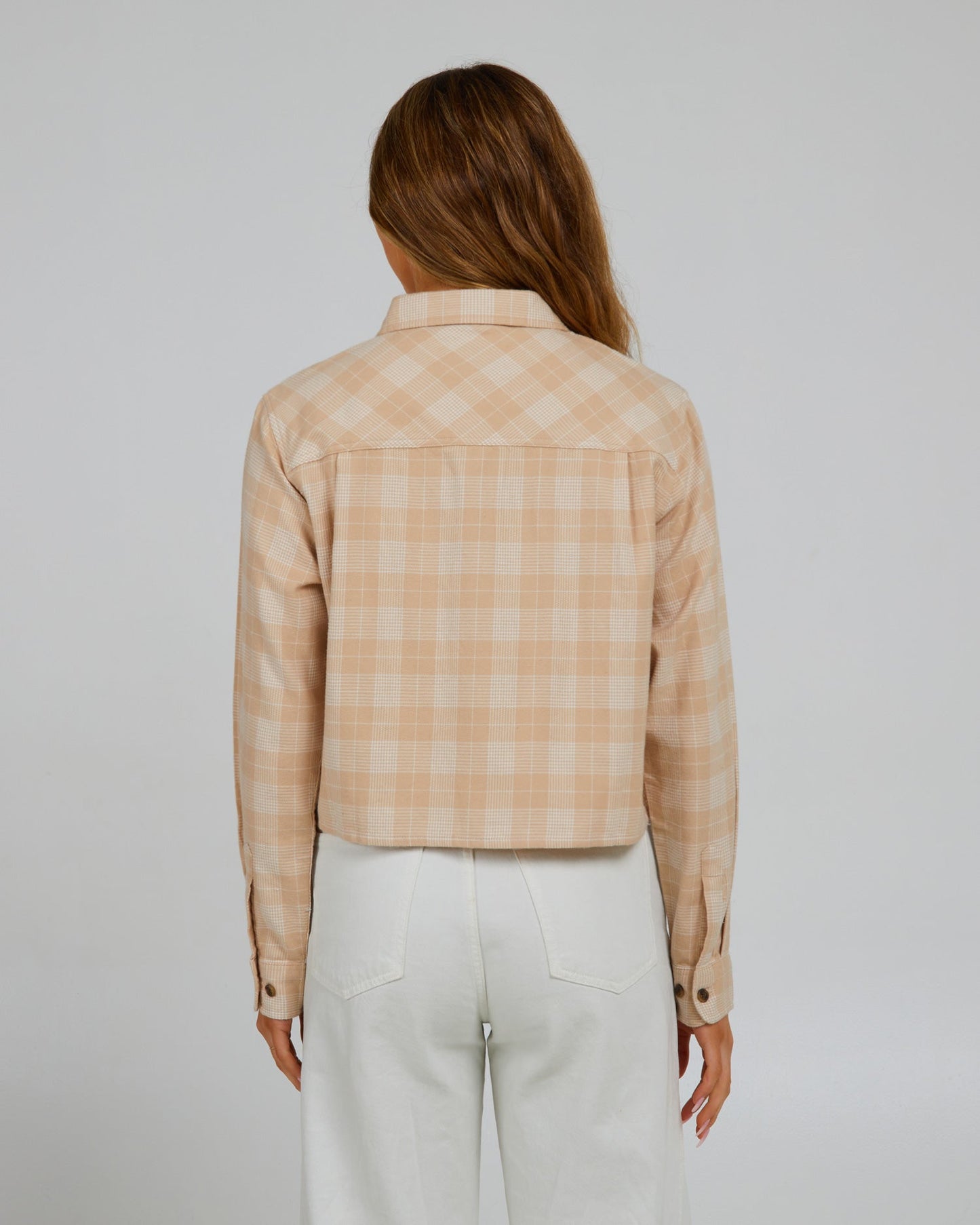 back view of Stay Golden Sand Dune Crop Flannel